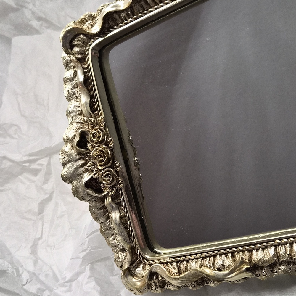 Footed Mirrored Vanity Tray Antiqued Gold Tone - Picture 2 of 5